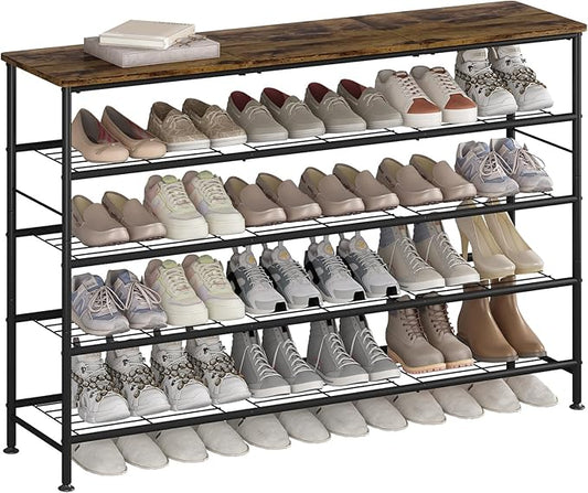SUOERNUO Shoe Rack 5 Tier Shoe Storage Organizer Metal Mesh Shelves with MDF Top Board for Entryway, Hallway, Closet,Bedroom，Living Room (Black+Rustic Brown, Large 5 Tier) by SUOERNUO