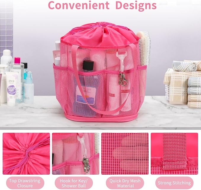 Mesh Shower Caddy Portable for College Dorm Room Essentials, Shower Tote Bag with Hanging Hook and Drawstring, Quick Dry Toiletry Bag with 6 Pockets for Bathroom, Swimming, Gym, Camping, Beach, Travel - Image 7