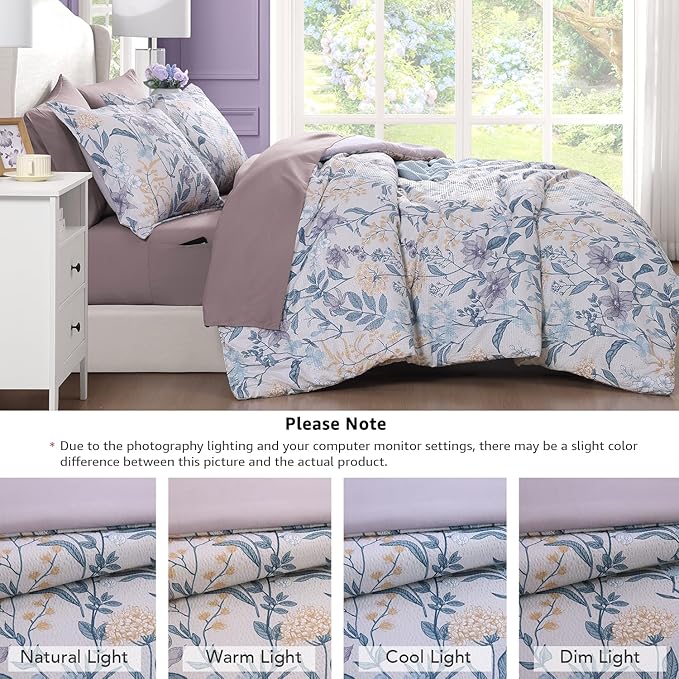 CASAAGUSTO King Comforter Set, 7 PCS Purple Iris Floral Comforter Set with Flowers Leaves Pattern, Soft Seersucker Design All Season King Size Bedding Set(102"X90")