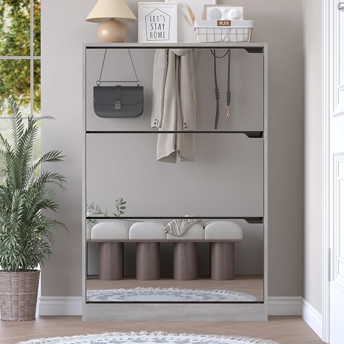 BORNOON Shoe Cabinet with 3-Flip Mirror Drawers, Freestanding Shoe Rack Organizer with Hidden Handle, Slim Narrow Shoe Storage Cabinet for Entryway, Entrance, Hallway, Bedroom - Image 7
