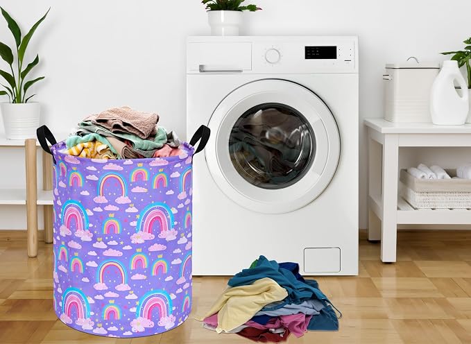 Collapsible Kids Laundry Basket Clothes Hamper, Foldable Storage Organizer Bin, Toy Clothes Storage with Handles for Boys Girls Bedroom, Room Decor Purple Rainbown - Image 3