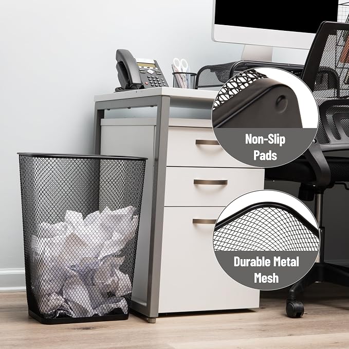 Mind Reader 10 Gallon Executive Waste Paper Bins, Solid Bottom, Non Slip Pads, Office and Home, Metal Mesh, Set of 2, Black - Image 4