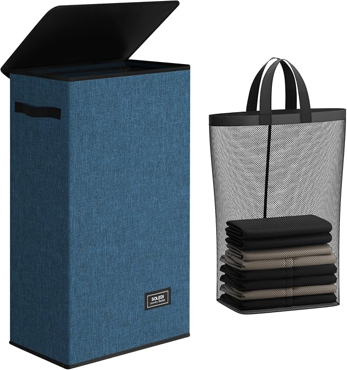 SOLEDI Slim Laundry Hamper with Lid, Narrow Laundry Basket with Removable Bags, Dirty Clothes Hamper with handle, Small Hamper perfect for Laundry room, Bathroom, Bedroom, Small spaces. 70L Blue by SOLEDI