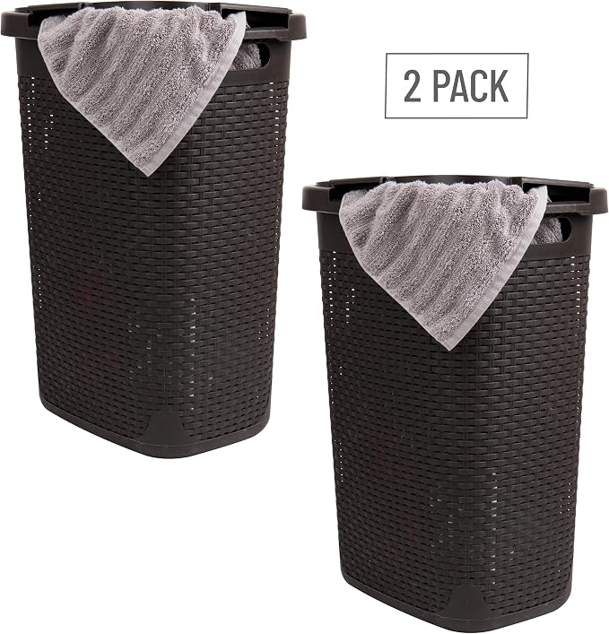 Mind Reader Slim Laundry Hamper with Lid, 60L Tall Clothes Basket, Narrow Tapered Design for Bathrooms, Closets and Laundry Rooms, Plastic, 2 Pack, Brown - Image 7