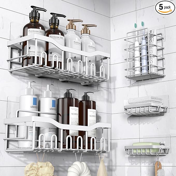 EUDELE 5-Pack Rustproof Stainless Steel Shower Caddy – No Drill Adhesive Bathroom Organizer with Large Capacity, Spacious Shower Shelves for Inside Shower, Kitchen & Home Decor Storage-XL Size by EUDELE