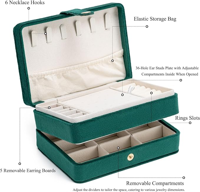 MODENGKONGJIAN Jewelry Organizer Box, 2-Layer Large Jewelry Storage Case, Portable Travel Jewelrys Display Holder for Earrings, Necklaces, Bracelets (Green,Velvet) - Image 3