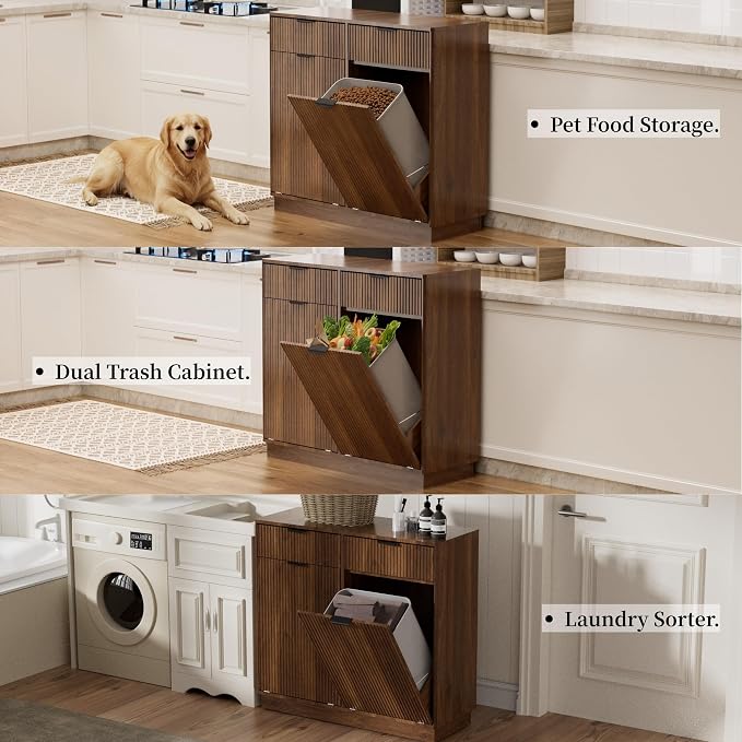 Double Tilt-Out Trash Cabinet, Laundry Hamper Cabinet with 2 Drawers, 39.4W x 34.3H x 13.8D inches, Walnut, Wave-Textured Front. - Image 5