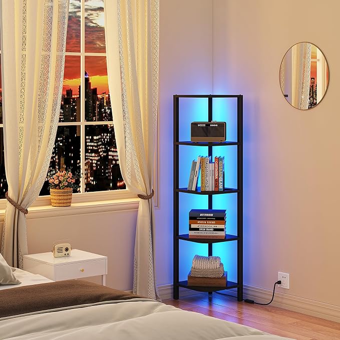 TUTOTAK Corner Shelf with LED Light, 5-Tier Corner Bookshelf for Small Space, Narrow Display Corner Shelf Stand with Storage Rack, for Living Room, Bedroom, Black BS08BK005L - Image 6