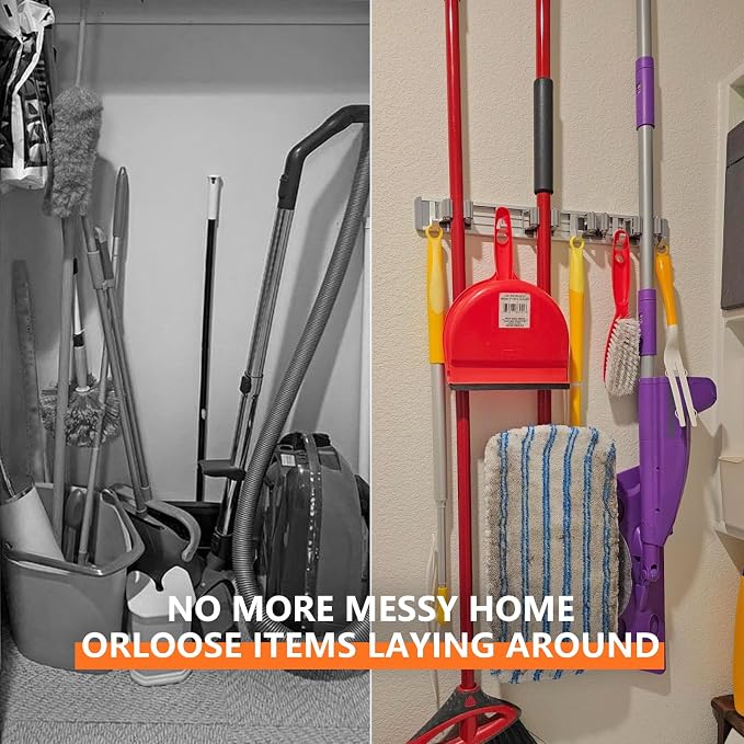 reliahom Broom Holder Wall Mount, 5 Racks with 4 Hooks Silver - Mop Storage Tool Racks, Broom Hanger Tool Organizer for Garage, Kitchen, Garden, Laundry Room - Image 4