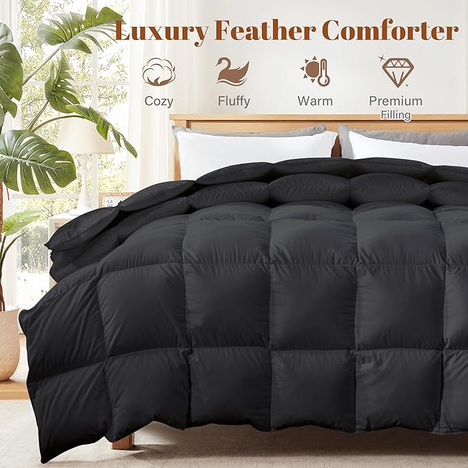 Cosybay Heavyweight King Size Feather Down Fiber Comforter - Fluffy Black Thicker Winter Duvet Insert, Ultra Soft 100% Cotton Cover, Luxury Hotel Bedding with Corner Tabs, 106"x90"