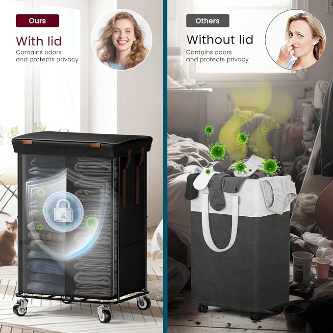 Double Laundry Hamper with Lid, Rolling Laundry Basket with Wheels and 2 Removable 75L Bags, 2 Section Large Capacity for Laundry Bedroom Bathroom Dorm, Easy Move & Organize,150L Black - Image 7