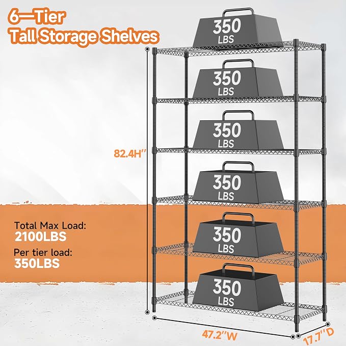 M MZG 6 Tiers Storage Shelves Load 2100LBS, Metal Shelving Wire Metal Shelving Unit Shelves for Storage Adjustable Garage Shelving for Pantry Kitchen Garage Black 17.7" D x 47.3" W x 82.4" H - Image 3