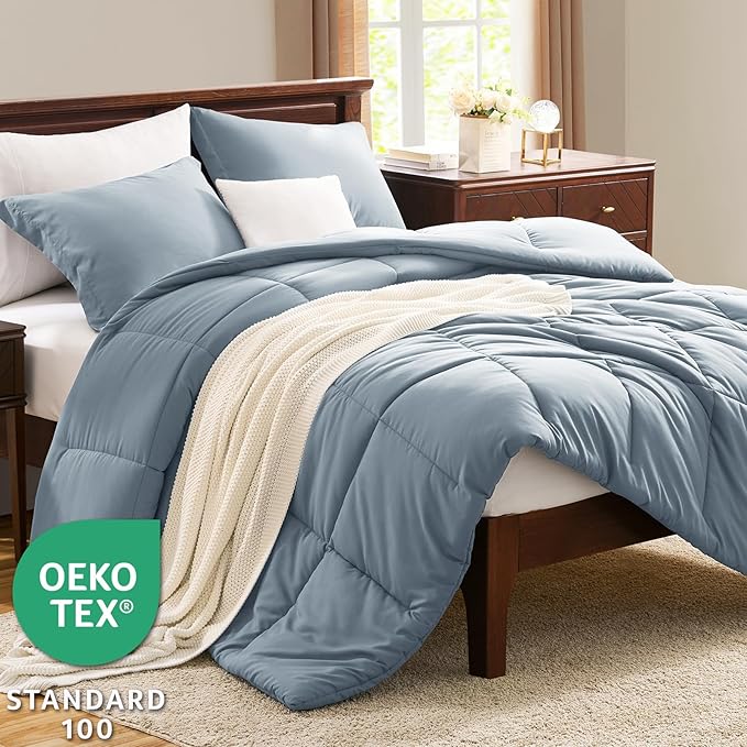 CozyLux Full Size Comforter Sets - Grayish Blue Comforter Full Size, 3 Pieces Box Stitched Bed Set for All Seasons, Soft Lightweight Bedding Sets with 1 Down Alternative Comforter and 2 Pillow Shams