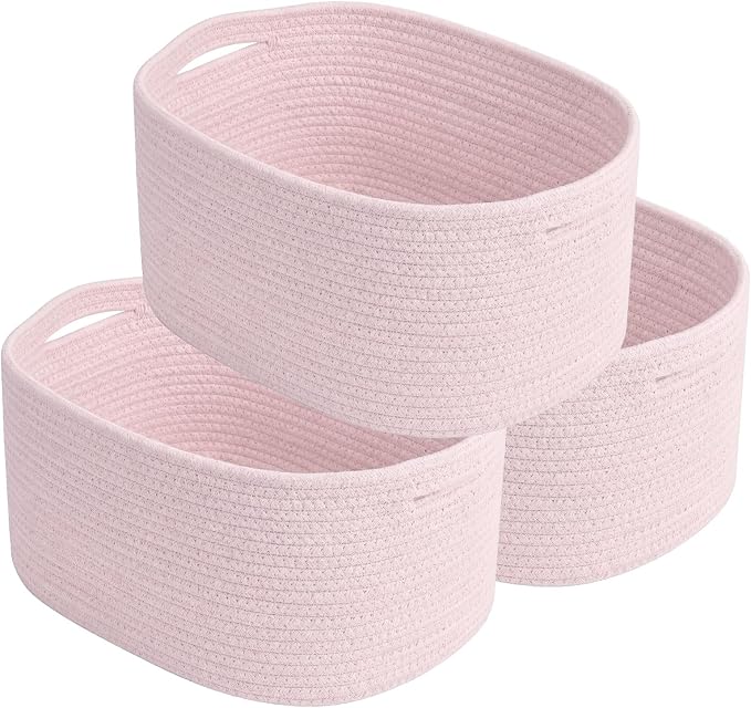 ECDYQXVU Cotton Rope Storage Basket, 15x10x9 Inches, Woven Basket for Shelves, Clothes, Towels, Books, and Laundry, Light Pink (3 Pack) by ECDYQXVU