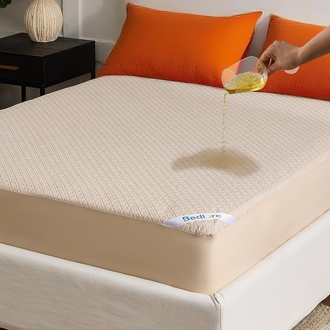 BEDLORE Twin XL Size Mattress Protector, Waterproof Noiseless Mattress Cover with Stretchable Pockets for 6-15 inches Mattress, Soft Breathable Mattress Pad for College Dorm (Beige)