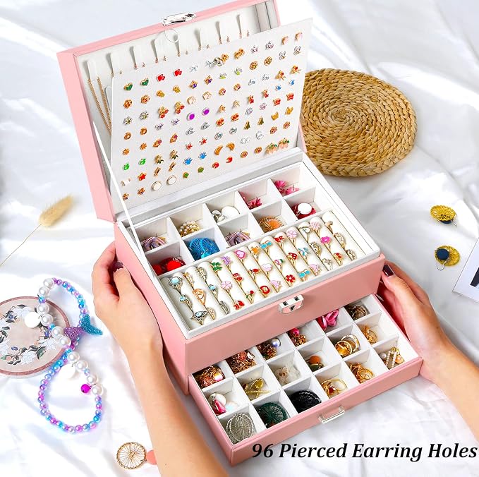 QBestry Earring Jewelry Box for Girls Pink, 5 Layers Jewelry Organizer with Lock Key Jewelry Boxes for Women Necklace and Earring Holder Organizer for Girls Teen Jewelry Box Earrings Case Xmas Gifts - Image 6