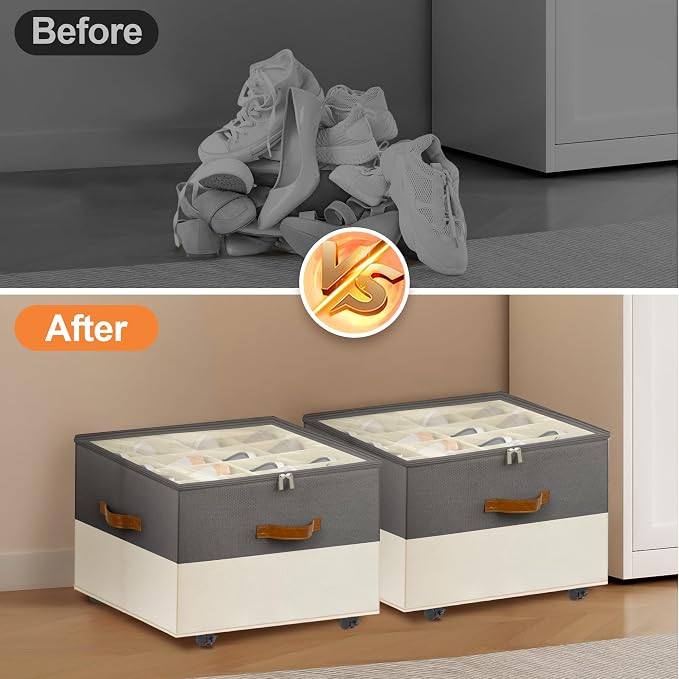 Shoe Organizer for Closet, 2 Pack Shoe Storage Organizer with Wheels and Adjustable Dividers, Stackable Shoe Storage Box with Clear Cover, Closet Shoe Organizer Fits up to 16-32 Pairs, Gray and Beige - Image 6