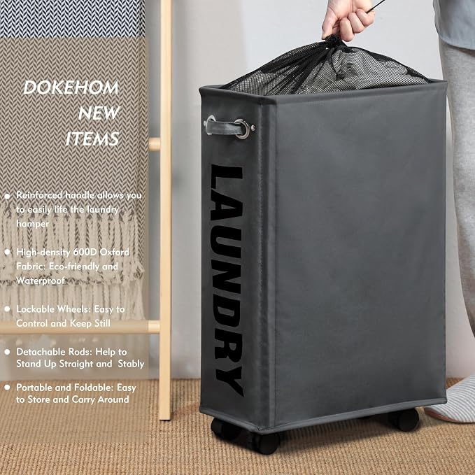 DOKEHOM 25-Inches Slim Laundry Basket on Wheels, Collapsible Rolling Laundry Hamper, Foldable Narrow Corner Clothes Storage Bins (Dark Grey) - Image 2