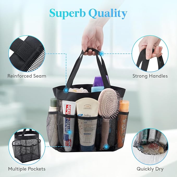 Lifewit Mesh Shower Caddy Portable for College Dorm Room Essentials with 7 Pockets, Freestanding Hanging Organizer Basket, Quick Dry Tote Bag for Camping, Bathroom, Beach, Travel, 1 Pack, Black - Image 5