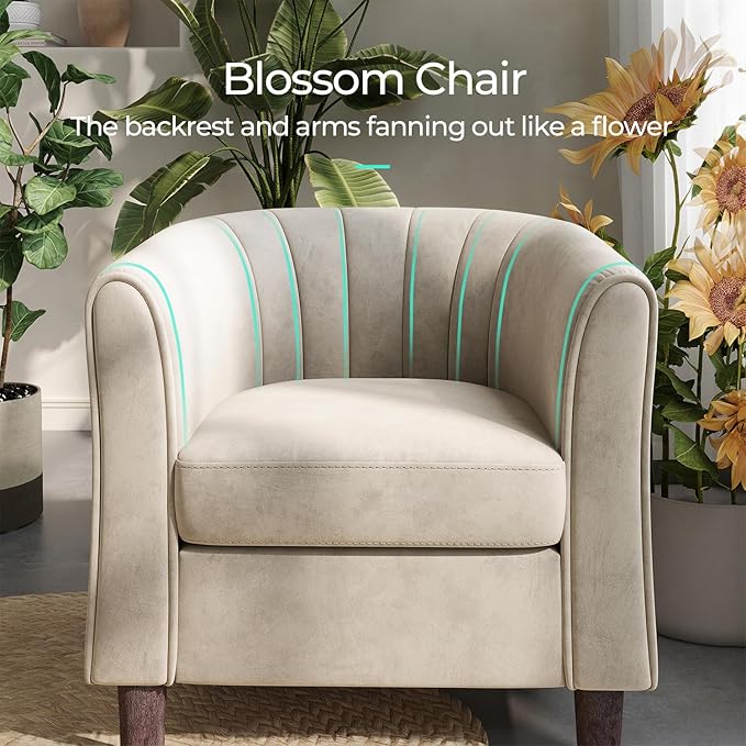LINSY Accent Chair with Ottoman, Modern Barrel Chair Small Armchair Reading Chair with Footrest, Comfy Round Arms Chair for Living Room Bedroom Reading Room, Velvet, Beige