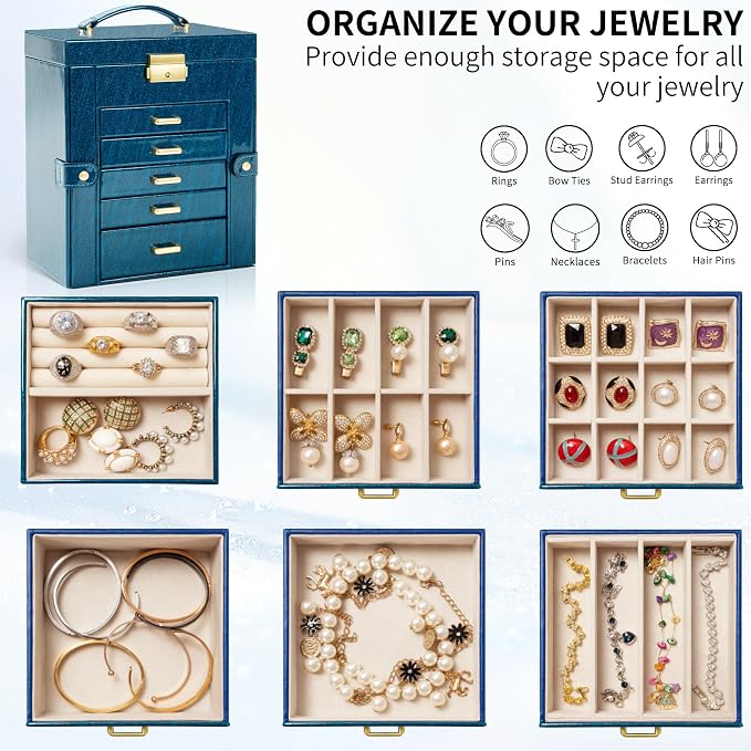 AKOZLIN 6-Tier Jewelry Box Lockable Leather Jewelry Storage Case with 5 Drawers for Women Girls Ring Necklace Earring Bracelet Holder Organizer with Mirror Blue - Image 5