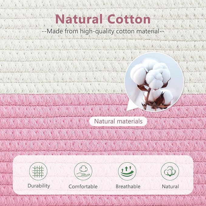 ECDYQXVU Cotton Rope Basket, Storage Baskets with Handle, 15x10x9 Inch Woven Basket for Shelves, Laundry, Towels, Clothes, Books (White/Pink 2Pack) - Image 3