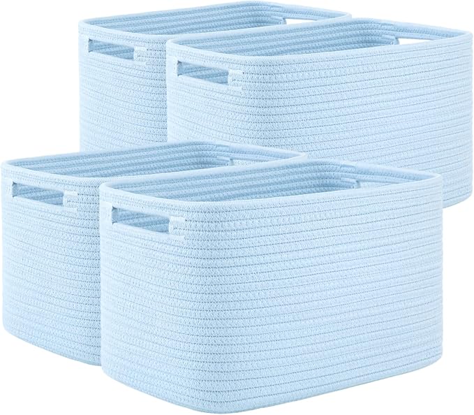 OIAHOMY 4 Pack Storage Baskets for Organizing, Cube Storage Bins for Shelves, Rectangle Storage Baskets With Handles, Woven Baskets for Storage, 12.7''Lx9''Wx7.8''H, Light Blue by MasterofSpaceOptimization