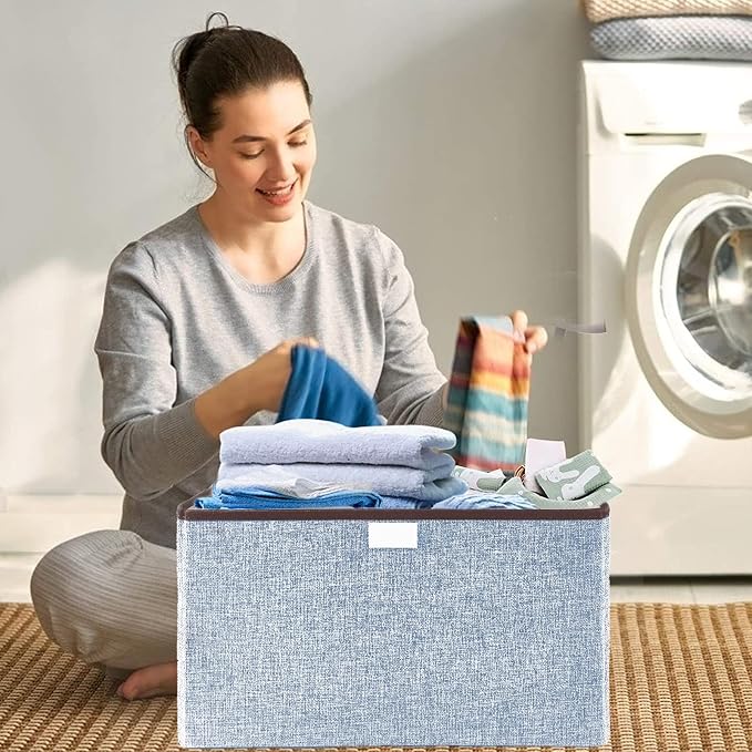 Bagnizer Foldable Storage Bins with Lids, Decorative Storage Baskets, Large Storage Boxes for Home, Office, Bedroom, Closet, Blue, Medium, 4 Pack 14.6 x 9.5 x 9.5” - Image 5