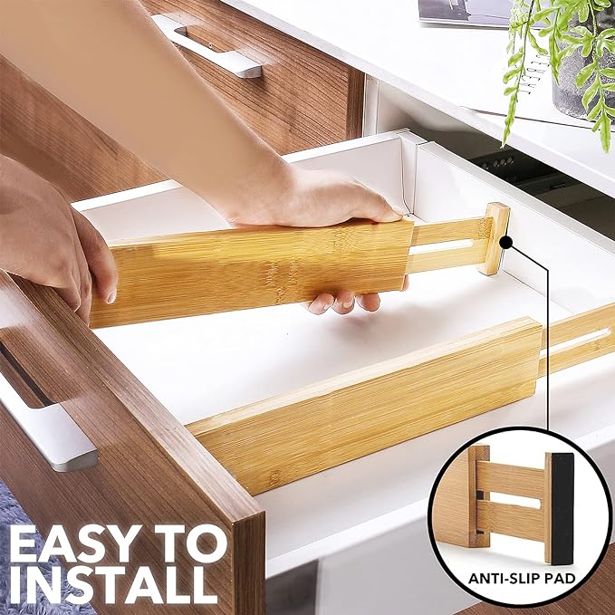 SpaceAid Bamboo Drawer Dividers with Labels, Kitchen Adjustable Drawer Organizers, Expandable Organization for Home, Office, Dressers and Bathroom, 6 Dividers (17-22 in) - Image 7