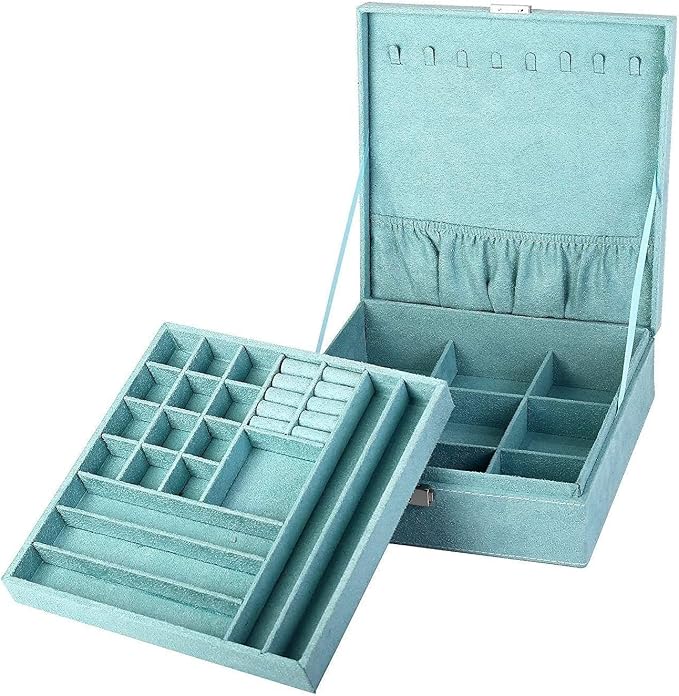 Two-Layer lint Jewelry Box Organizer Display Storage case with Lock (Blue) - Image 2