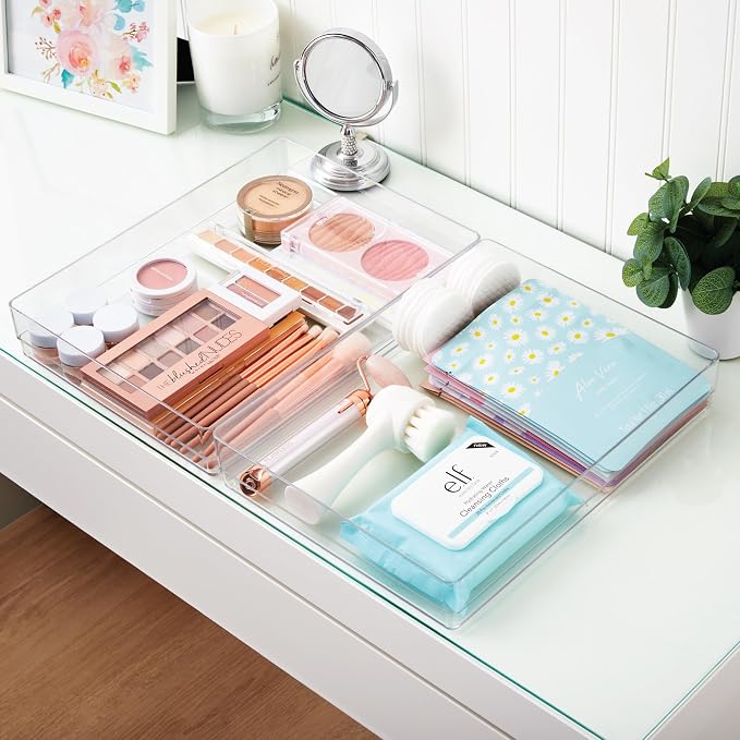 STORi SimpleSort 2-Piece Stackable Clear Drawer Organizer Set | 12" x 9" x 2" Rectangle Trays | Wide Makeup Vanity Storage Bins and Office Desk Drawer Dividers | Made in USA - Image 7