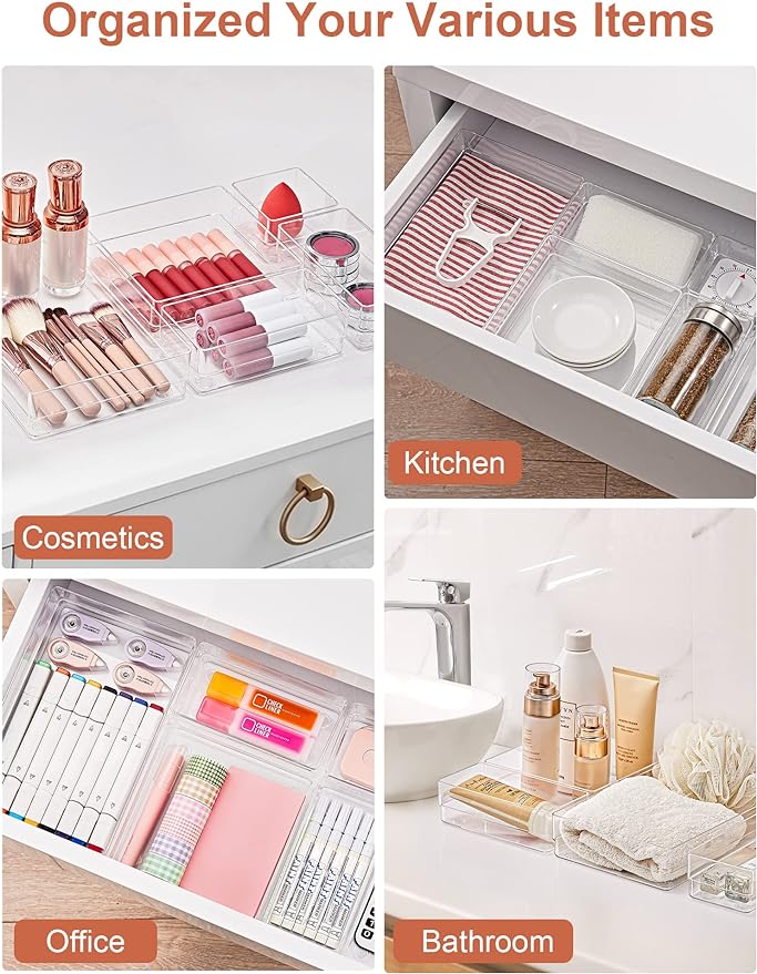 SMARTAKE 16-Piece Drawer Organizer with Non-Slip Silicone Pads, 5-Size Desk Storage Tray for Makeup, Jewelries, Utensils in Bedroom Dresser, Office and Kitchen, Clear - Image 6