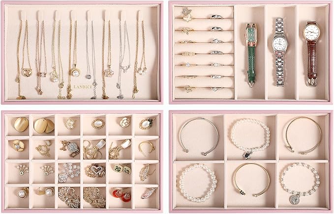 LANDICI Stackable Jewelry Organizer Trays 4 Set,PU Leather Jewelry Organizer Drawer,Jewelry Storage Display Tray for Earring Necklace Rings Bracelet with Removable Dividers,Rose Gold - Image 2