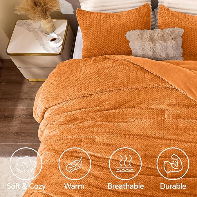 Flannel Fleece Full Comforter Set - Furry Burnt Orange Leaves Pattern Faux Fur Bed Set, Winter Ultra Soft Fuzzy Comfort Set, Velvet Bedding Set for Bed with 2 Pillow Cases