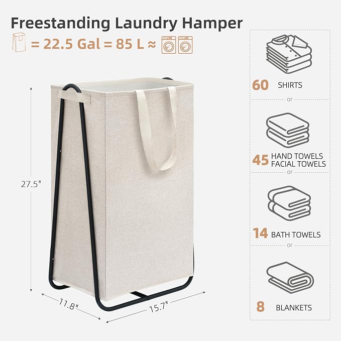 STORAGE MANIAC Laundry Hamper with Metal Rack, Large Laundry Basket with Triangle Frame, Collapsible Dirty Clothes Hamper with Handles for Dorm, College, Small Space, Closet, Bedroom, Beige - Image 4