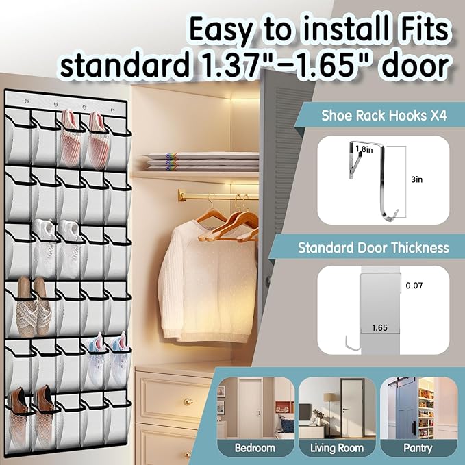 Kotkn Over the Door Shoe Organizer with 30 Breathable Mesh Pockets - Large Capacity Closet Storage for Men & Women, Hanging Shoe Rack Organizer (White) - Image 6