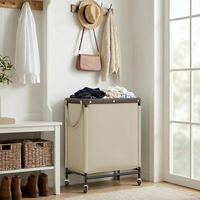 StorageWorks Laundry Hamper 2 Section, 100L Rolling Laundry Sorter Cart with Removable and Washable Liner Bag, Clothes Hamper with Wheels and Handle for Laundry Room and Bedroom, Light Khaki - Image 7