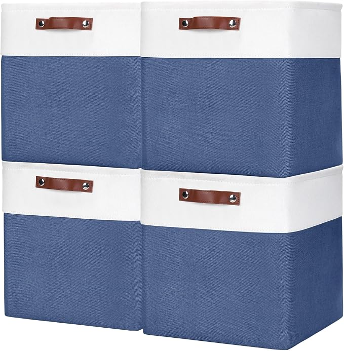 Bagnizer 13x13 Cube Storage Bins, Collapsible Fabric Storage Box, 4 Pack Closet Baskets with Handles for Organizing, Shelf, Toys, Clothes, Home, Office, Nursery (NavyBlue&White) by Bagnizer