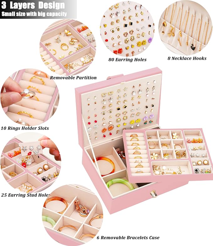 QBestry Girls Jewelry Box Earring Holder Organizer for Girls Earring Organizer Teen Jewelry Box Organizer for Girl Pink jewelry Boxes for Earrings Necklaces Rings Stud Earrings Box Organizers Teens - Image 2