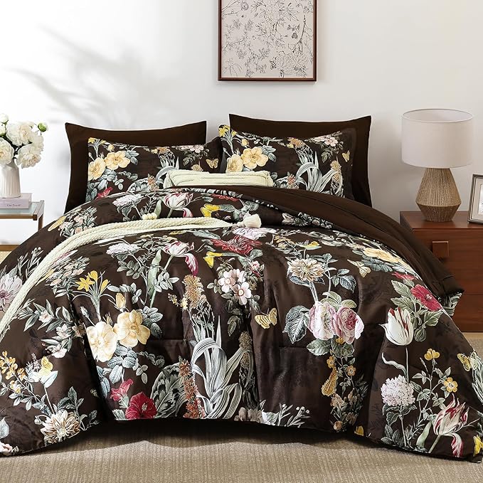 WONGS BEDDING Brown Comforter Set Queen, 7 Pieces Bed in a Bag Botanical Floral Comforter Bedding Set, Soft Microfiber Comforter with Flat Sheet, Fitted Sheet, Pillow Shams, Pillowcases