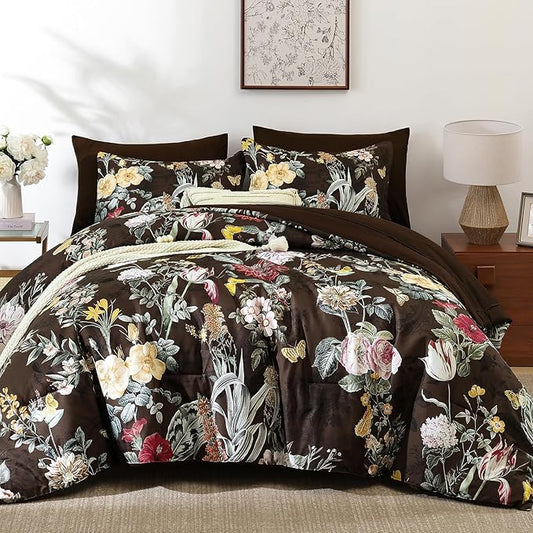 WONGS BEDDING Brown Comforter Set Queen, 7 Pieces Bed in a Bag Botanical Floral Comforter Bedding Set, Soft Microfiber Comforter with Flat Sheet, Fitted Sheet, Pillow Shams, Pillowcases