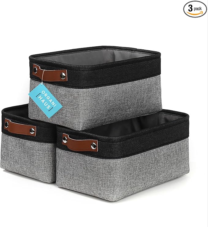 OrganiHaus Small Fabric Storage Baskets 3 Pack, 12x8in Cloth Storage Bins for Shelves, Small Baskets for Organizing Pantry Closet, Canvas Shelf Baskets, Gray/Black by OrganiHaus