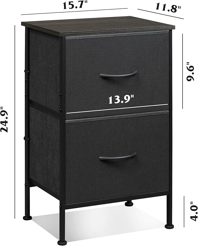 WLIVE Nightstand Set of 2, 2 Drawer Dresser for Bedroom, Small Dresser with 2 Drawers, Bedside Furniture, Night Stand, End Table with Fabric Bins for Bedroom, Dorm, Charcoal Black