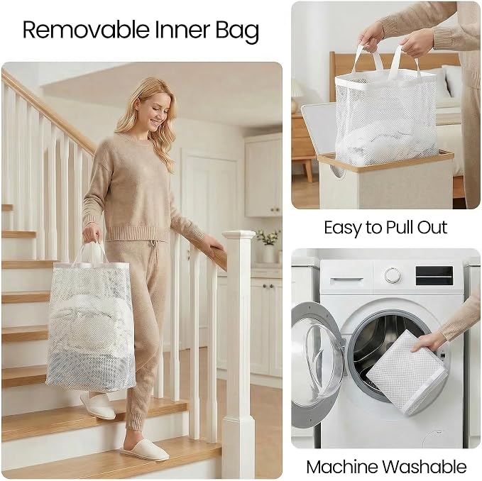 efluky Slim Laundry Basket with Lid, Narrow Laundry Hamper with Removable Bag, Skinny Dirty Clothes Basket with Bamboo Handles for Bathroom, Bedroom & Laundry Room, 75L Light Grey - Image 5