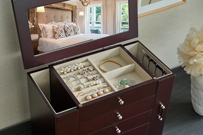 Brown 5 Layer Jewelry Box for Women,Top With Mirror Wooden Jewelry Organizer,With 8 Hook And Velvet Lining Large Jewelry Storage,For Watch Necklace Ring Earring Storage Gifts - Image 7