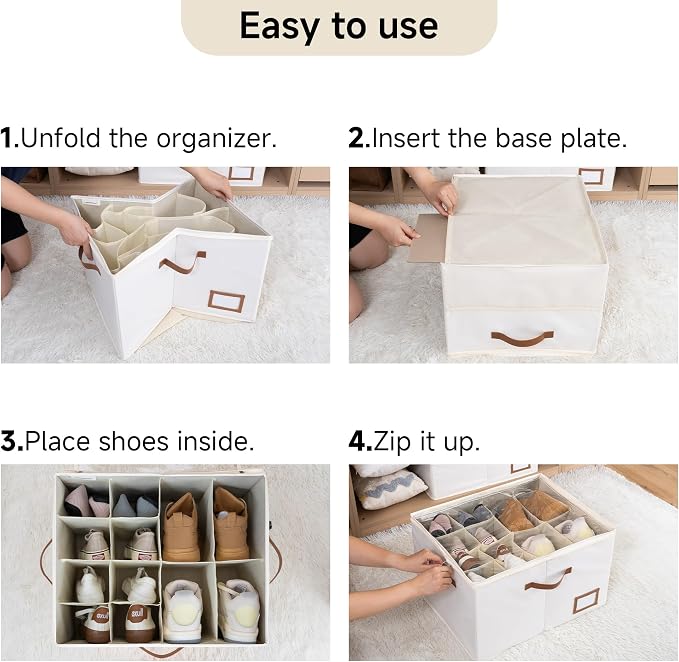 StorageWorks Shoe Organizer for Closet, 2 Pack Shoe Storage Boxes with Clear Lid, Stackable Shoe Storage Organizer for Sandals and Slippers, Fabric Shoe Bins for Closet, Holds 16–32 Pairs, Beige - Image 4