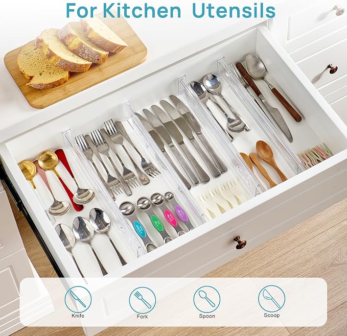 Vtopmart 8 Pack 2.36" Short Upgrade Drawer Dividers for Kitchen Drawer, 12.8"-22.3" Expandable Kitchen Drawer Organizer, Clear Plastic Organizer Separator for Flatware, Utensil, Cutlery, Underwear - Image 4
