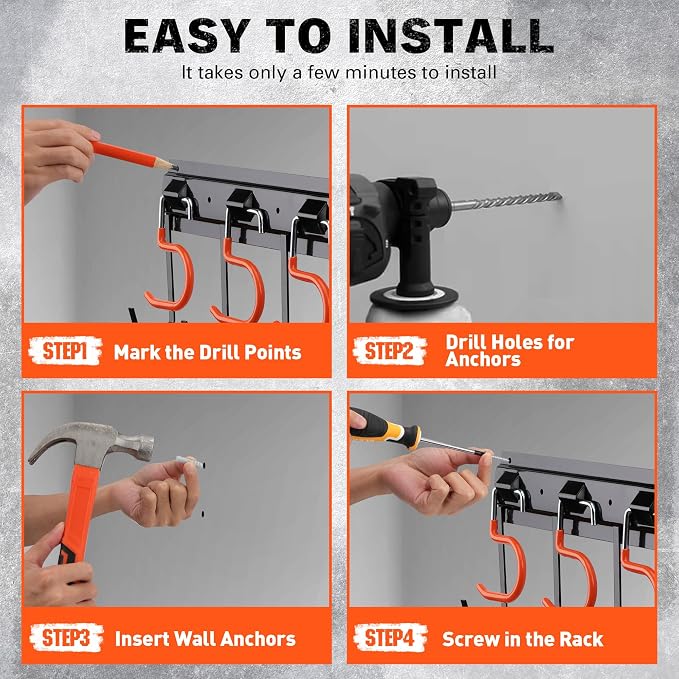 ELEAD 68'' All Metal Adjustable Garden Tool Organizer: Garage Tool Organizer Wall Mount with Orange Hooks, Garage Organizers and Storage, Tool Hangers for Shed - Image 5