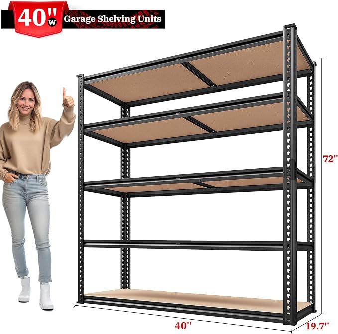 REIBII 40" W Garage Shelving 2500LBS Storage Shelves 72" H Metal Shelving 5 Tier Metal Shelves Adjustable Pantry Shelf for Garage Closet Kitchen Basement 40" W x 19.7''D x 72''H - Image 3