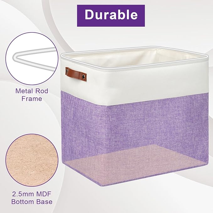 Bagnizer Large Fabric Storage Baskets | 50L Storage Bins, Decorative Linen Closet Baskets with Handles for Organizing, Shelf, Toys, Clothes, Home, Office, Nursery, 17x12x15Inches (Purple&White) - Image 4